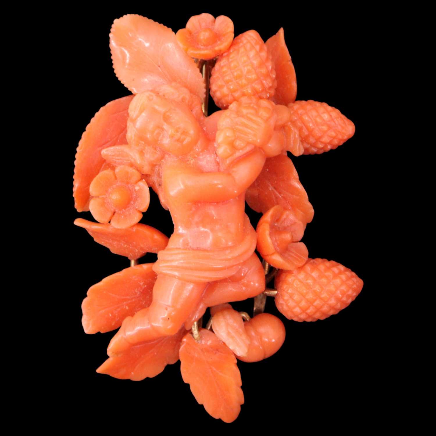 Lot 1367 - A Victorian carved pink coral and 15 ct yellow...