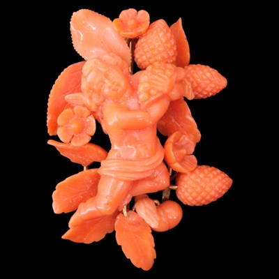 Lot 1367 - A Victorian carved pink coral and 15 ct yellow...