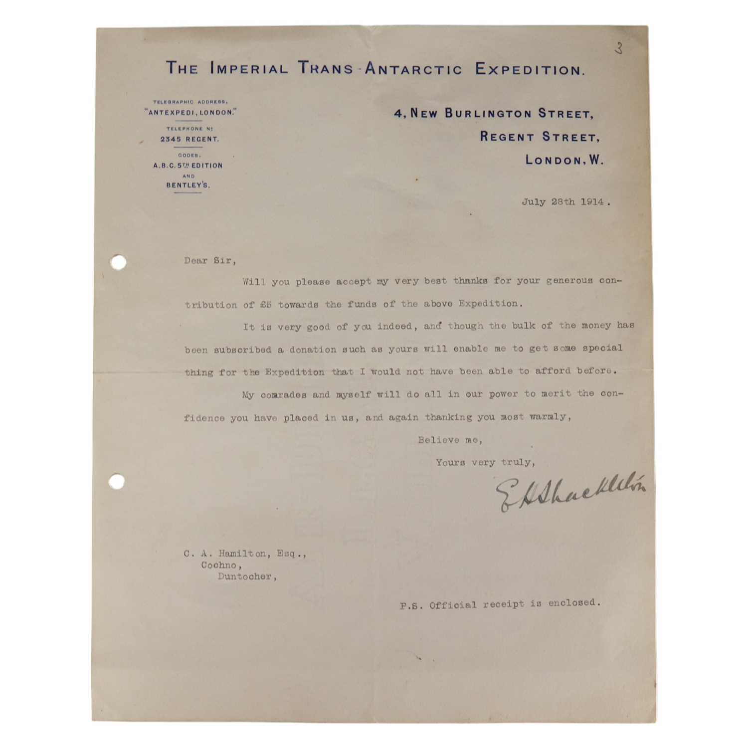 Lot 421 - [Autograph / Antarctic exploration] Sir Ernest...