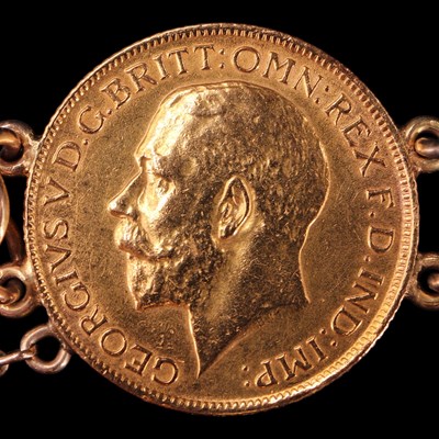 Lot 1613 - Six gold sovereigns hard mounted in bracelet...
