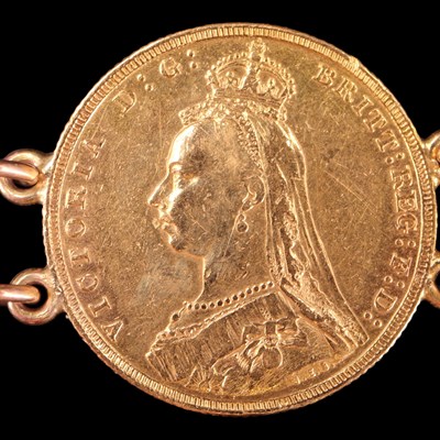 Lot 1613 - Six gold sovereigns hard mounted in bracelet...