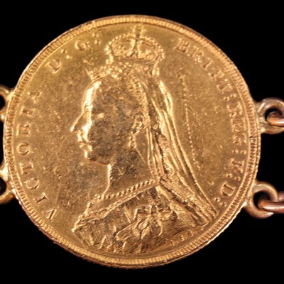 Lot 1613 - Six gold sovereigns hard mounted in bracelet...