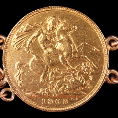 Lot 1613 - Six gold sovereigns hard mounted in bracelet...