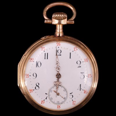Lot 1146 - A Swiss 18 ct gold open-faced pocket, watch...