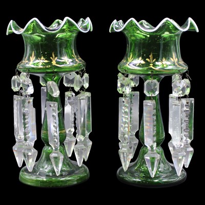 Lot 1150 - A pair of Victorian green glass lustres, 22 cm