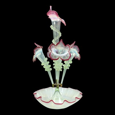 Lot 1152 - A Victorian opalescent vaseline glass epergne,...