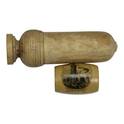 Lot 921 - A Victorian Mauchline ware pin cushion sleeve,...
