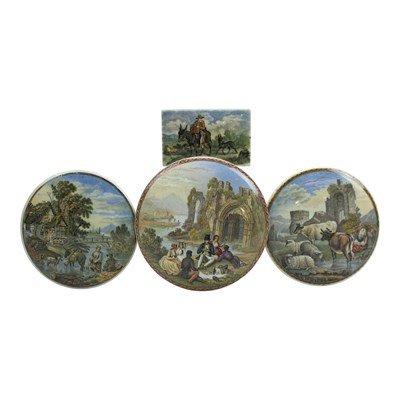 Lot 1037 - Four 19th Century Prattware bucolic pot lids,...