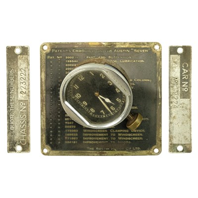 Lot 771 - A 1930s Austin Seven patents dashboard plate,...