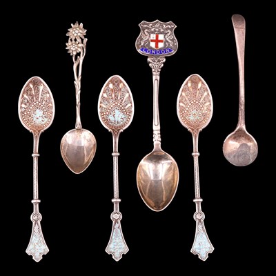 Lot 1191 - Three Victorian silver and enamel teaspoons,...