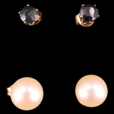 Lot 1391 - Pairs of pearl and sapphire set 9 ct yellow...