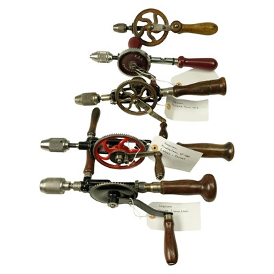 Lot 703 - Five restored antique / vintage hand drills