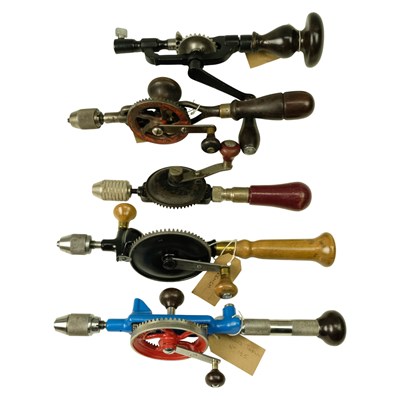 Lot 704 - Five restored antique / vintage hand drills