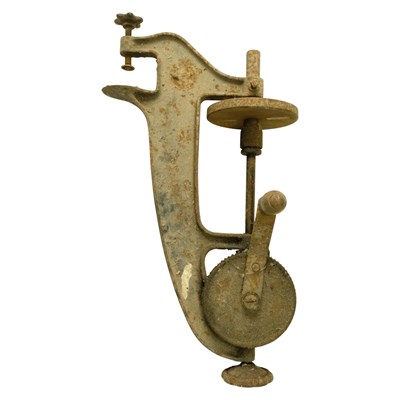 Lot 714 - A vintage hand-cranked workshop bench pillar...