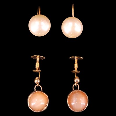 Lot 1397 - A pair of vintage moonstone ear pendants, each...