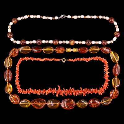 Lot 1410 - Amber, freshwater pearl and branch coral...