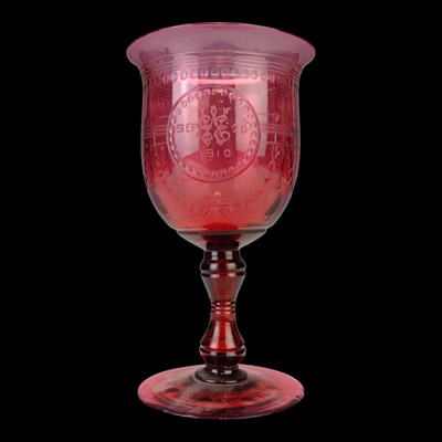 Lot 852 - An Edwardian cranberry glass commemorative...