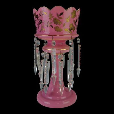 Lot 859 - A Victorian glass lustre, in pink-overlaid...