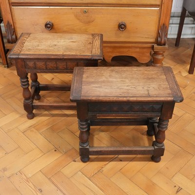 Lot 1206 - A near pair of oak box stools, circa 1940s,...