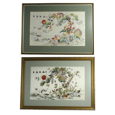 Lot 1646 - Two Chinese "One Hundred Birds" embroidered...