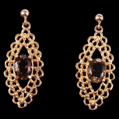 Lot 1461 - A pair of 1970s citrine and 9 ct gold pendant...