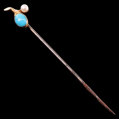 Lot 1472 - A turquoise and pearl stick pin, comprising an...