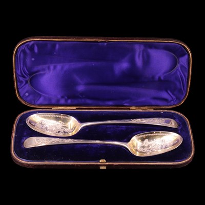 Lot 1239 - A cased pair of Georgian and later silver Old...