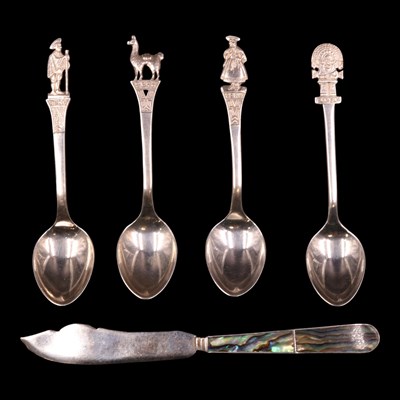 Lot 1248 - Four Peruvian white metal souvenir teaspoons,...