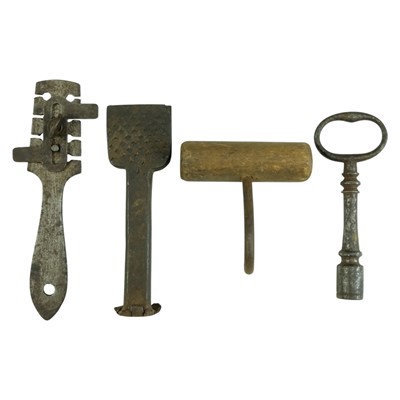 Lot 547 - Antique tools comprising a sack hook, a key...