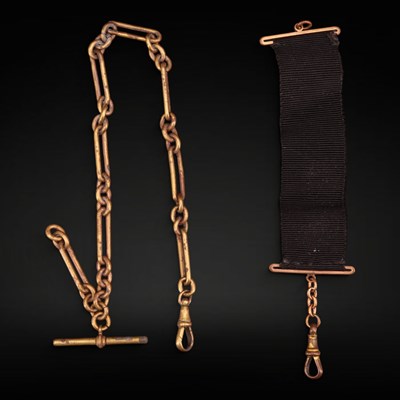 Lot 1330 - A Victorian black-ribbon and base-metal watch...