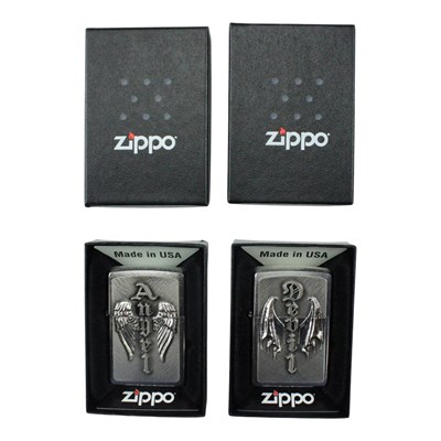 Lot 546 - Two boxed "Angel and Devil" Zippo lighters