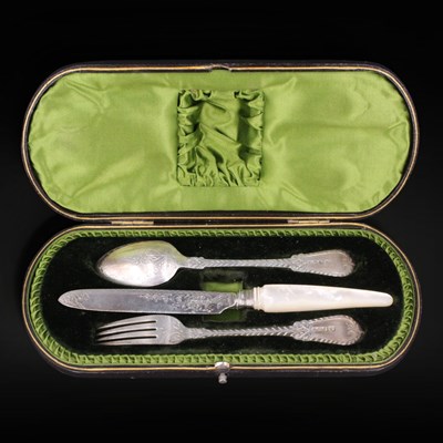 Lot 1181 - A Victorian silver christening knife, fork and...