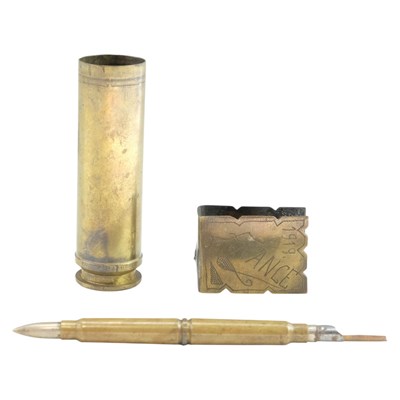 Lot 210 - A Trench art rifle cartridge combined dip pen...