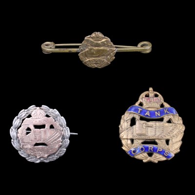 Lot 157 - Three Great War Tank Corps sweetheart brooches,...