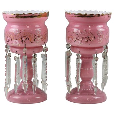 Lot 1083 - A pair of Victorian pink-overlaid milk glass...