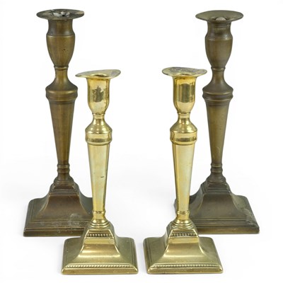 Lot 858 - Two pairs of Georgian brass Adam-style...