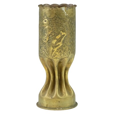 Lot 207 - A Great War trench art brass shell case vase,...