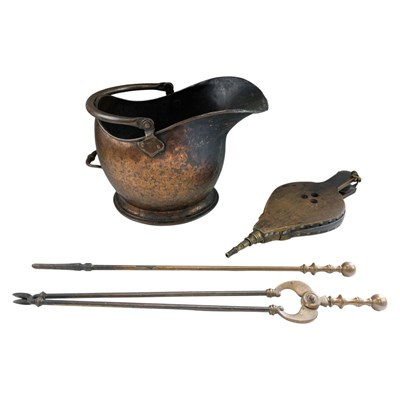 Lot 854 - A Victorian copper coal helmet, brass hearth...