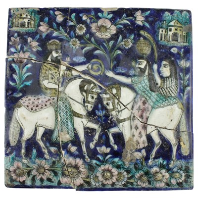 Lot 929 - A large Persian Qajar pictorial tile, 32 cm x...