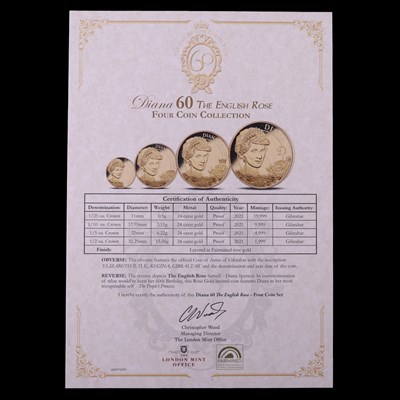 Lot 942 - A "Diana 60 The English Rose", four gold coins...